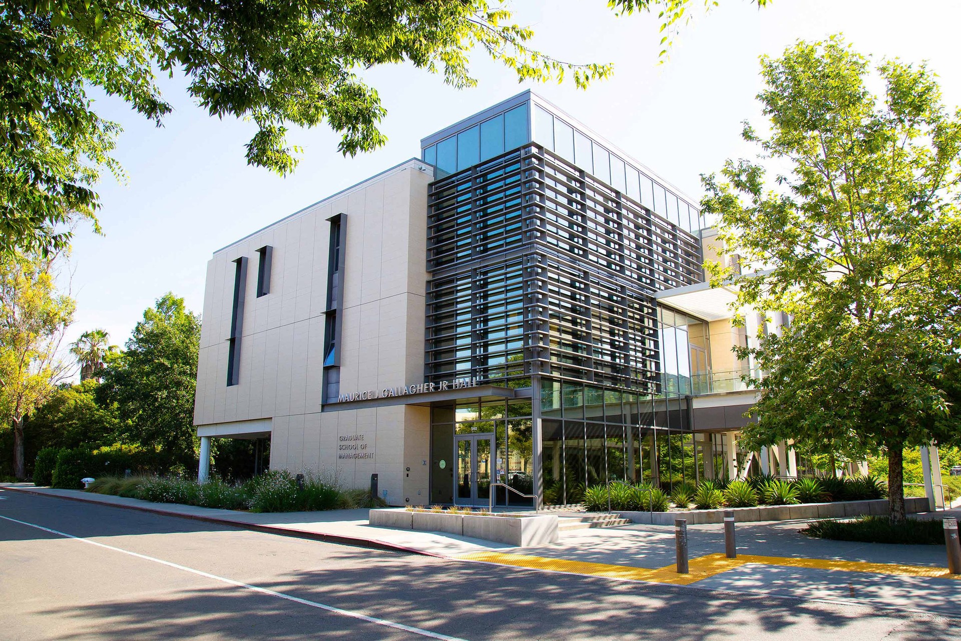 Sunshine hitting the Maurice J. Gallagher Jr. Hall at UC Davis' School of Management