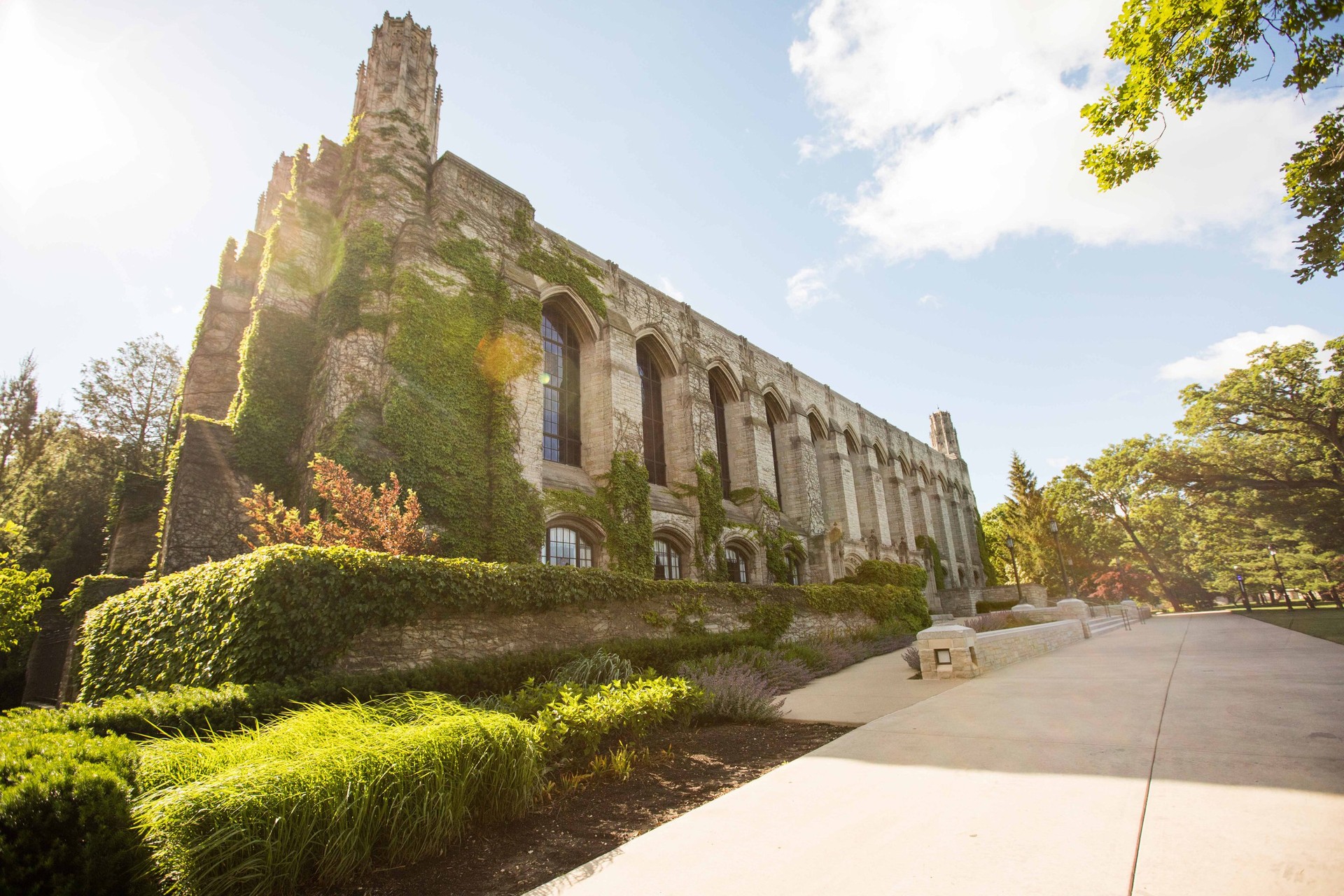 Arched doorways and tall windows at the entrance to Deering Library at Northwestern University