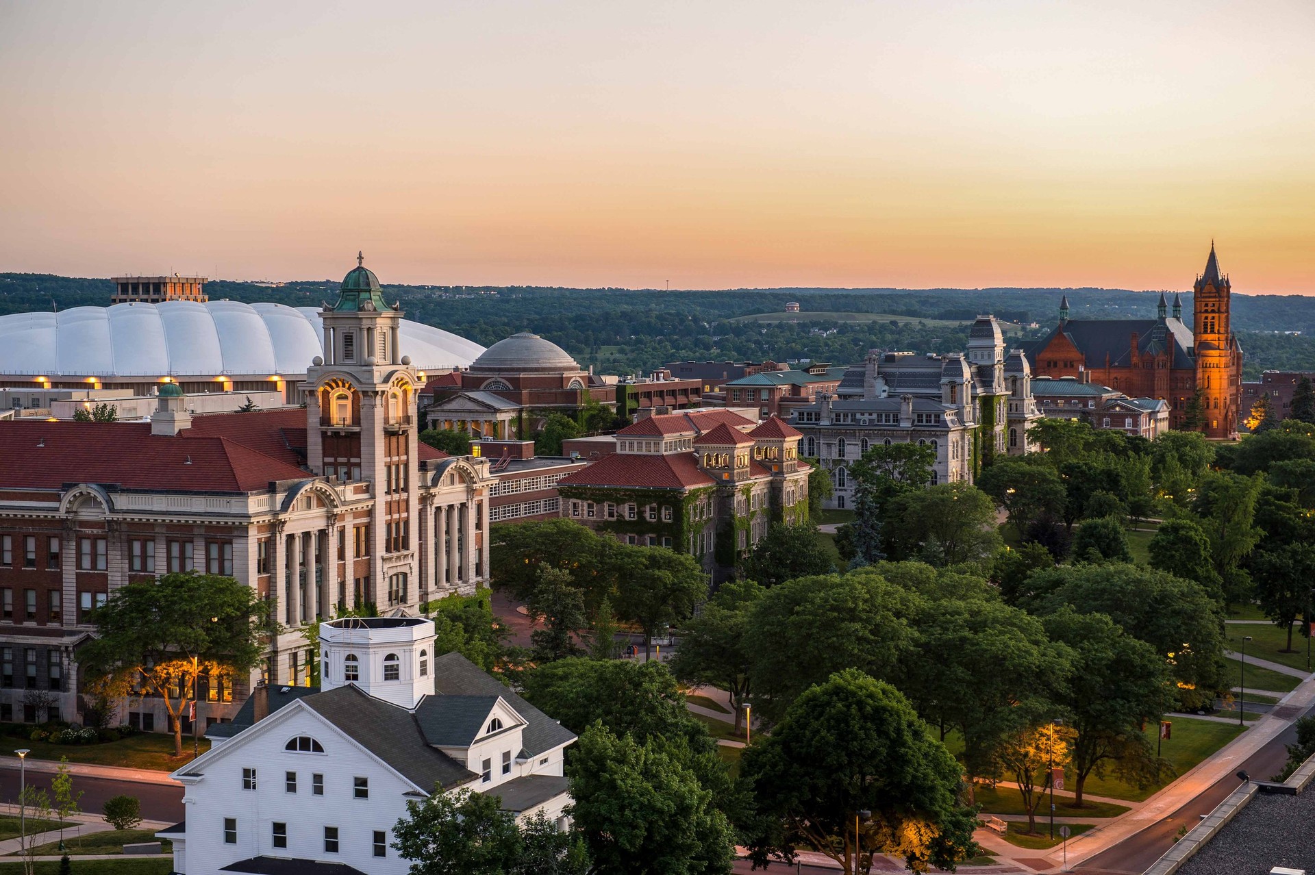 Aerial view of the main campus strip at Syracuse University with the Carrier Dome in the background