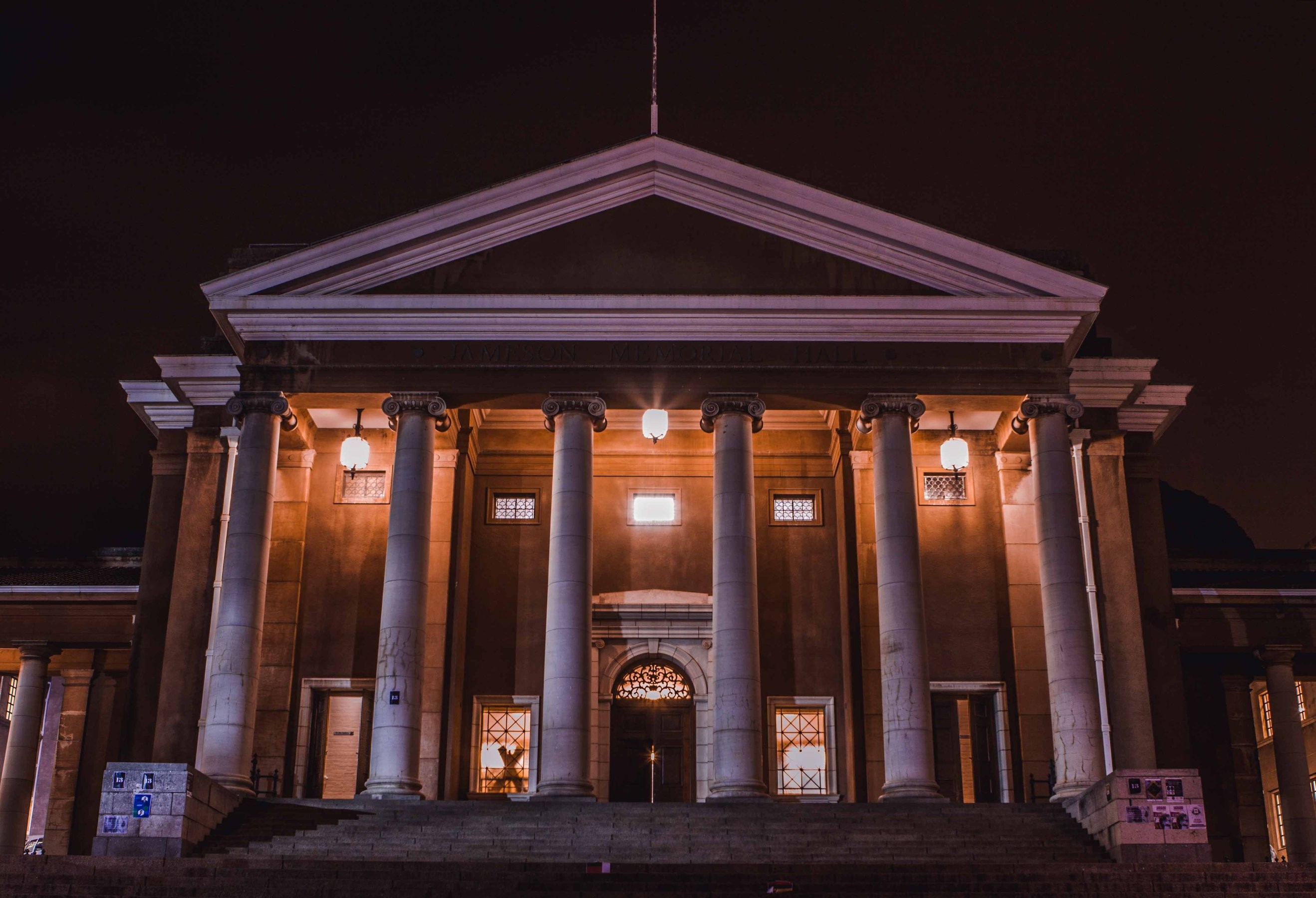 Sarah Baartman Hall at Cape Town University lit up at night